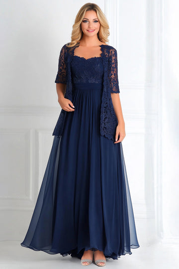 Elegant Navy A Line Båd hals Chiffon Blonder Applique Lang Mor Af Bruden Kjole med 3/4 ærmer